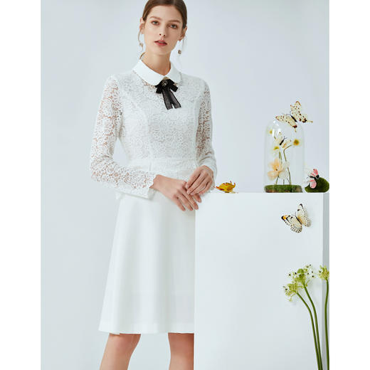 EITIE爱特爱春季新款时尚翻领减龄蝴蝶结蕾丝拼接A字连衣裙女A2007487 商品图2