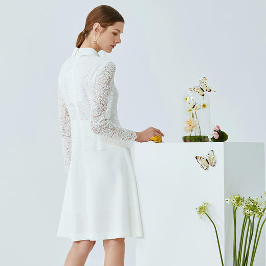 EITIE爱特爱春季新款时尚翻领减龄蝴蝶结蕾丝拼接A字连衣裙女A2007487 商品图4