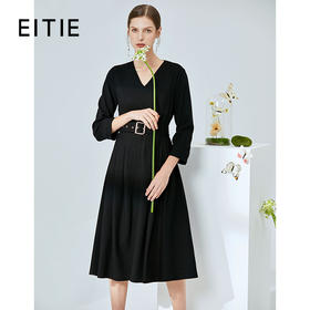 EITIE爱特爱春季新款通勤百搭V领纯色收腰七分袖A字连衣裙女6107806