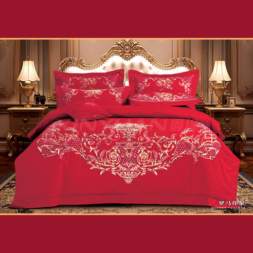 鑫缘 婚庆多件套大红色新婚 全棉提绣婚庆四件套 DHA2418 商品图2