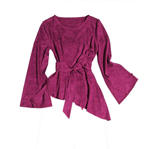 XQ-MYZ-101新款性感圆领开叉喇叭袖系带修身下摆不规则打底衫 商品图4