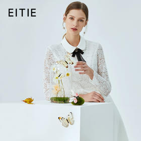 EITIE爱特爱春季新款时尚翻领减龄蝴蝶结蕾丝拼接A字连衣裙女A2007487