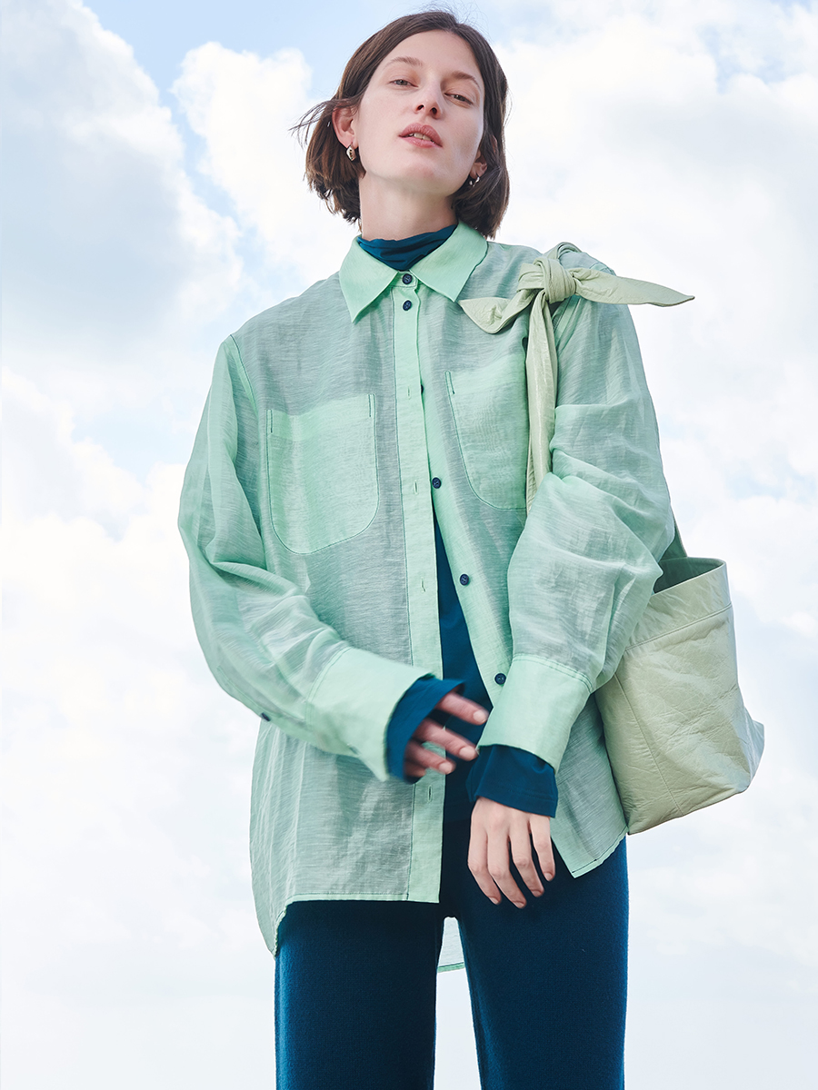 HIDEMI “自由是生命的氧气”/氧气绿天丝亚麻口袋设计感衬衫