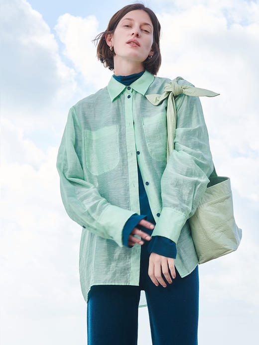 HIDEMI “自由是生命的氧气”/氧气绿天丝亚麻口袋设计感衬衫 商品图0