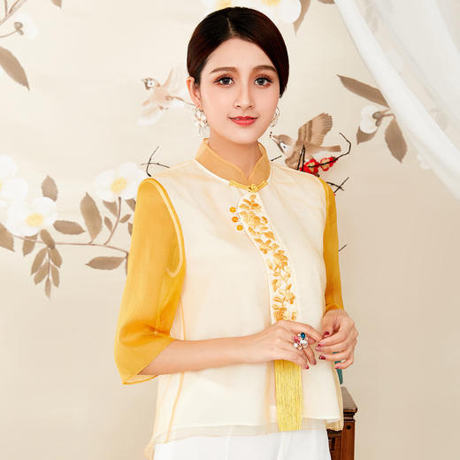 OG-9878新款中式上衣中老年女装绣花情人纱拼接流苏唐装衬衣 商品图0