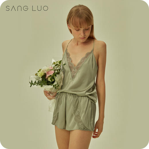丝绸睡衣性感蕾丝吊带短裤套装SANGLUO桑罗深V露背桑蚕丝家居服女 商品图3