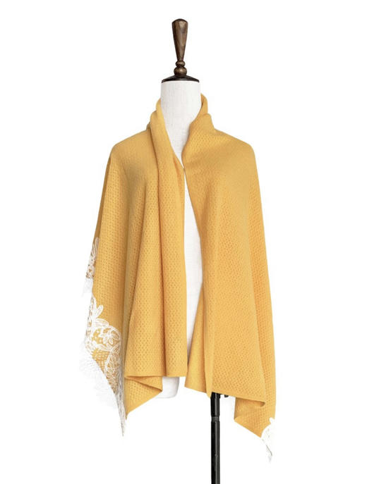 TYNVIE  刺绣蕾丝拼接山羊绒披肩 - 鹅黄色 商品图1