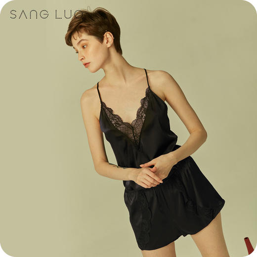 丝绸睡衣性感蕾丝吊带短裤套装SANGLUO桑罗深V露背桑蚕丝家居服女 商品图0