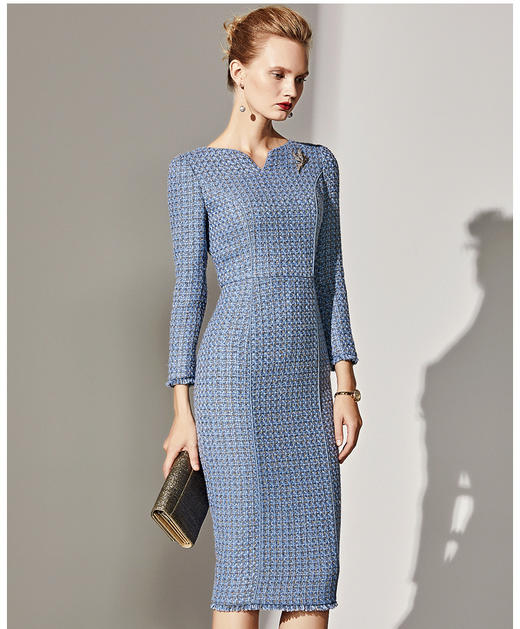 孤品 “钱夫人”J8382821B颈袖添香时尚小V领小香风连衣裙J8382821B不退可换 商品图1