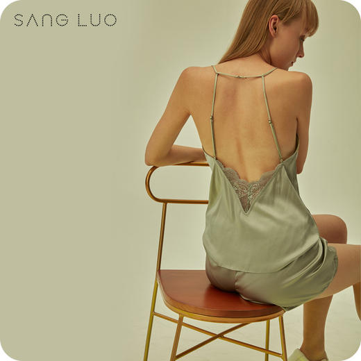 丝绸睡衣性感蕾丝吊带短裤套装SANGLUO桑罗深V露背桑蚕丝家居服女 商品图1