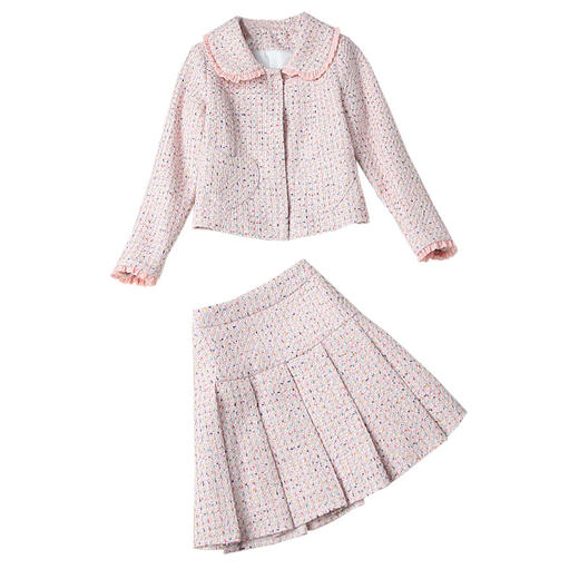 LYY-T10257秋冬女装娃娃领长袖木耳边外套+百褶半身裙小香风套装 商品图4