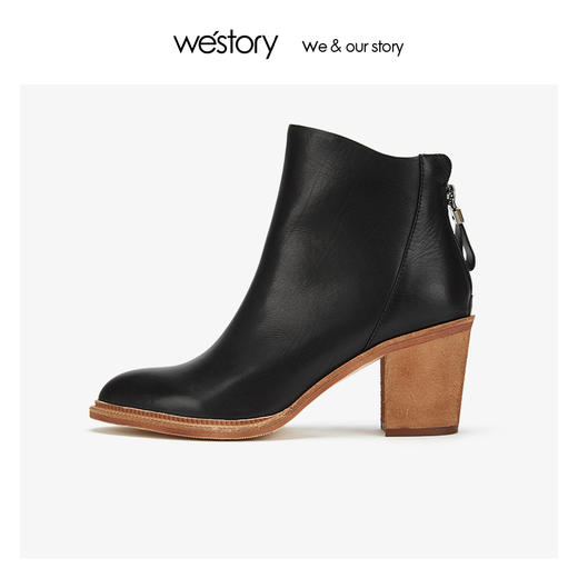 westory粗跟时装后拉链短靴女尖头真皮百搭 2019冬新款W29DS80361 商品图2