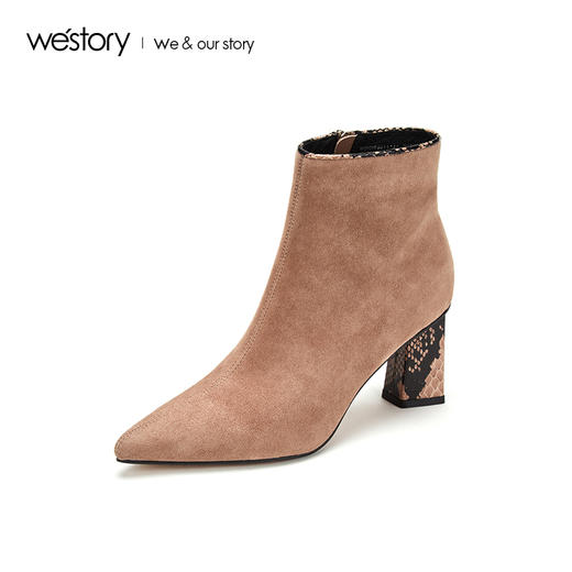 westory2019秋冬新品蛇纹尖头绒面粗跟短筒靴女显瘦W29DS80111 商品图0