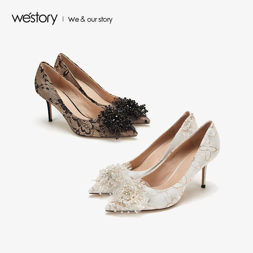 westory2019夏秋新品蕾丝花簇高跟鞋女尖头宴会婚鞋W29CE70101 商品图3
