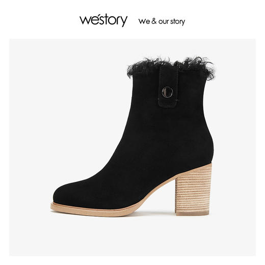 westory加绒保暖时装短靴 羊皮绒里木纹粗跟2019冬新品W29DS80321 商品图2