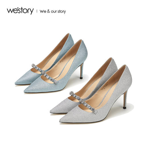 westory2019春夏亮片宴会高跟鞋浅口尖头水钻优雅女鞋W29AE50211 商品图3