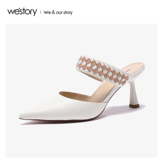 westory2020春季新款尖头编织一字带羊皮穆勒鞋凉鞋女W20AH51221 商品图1