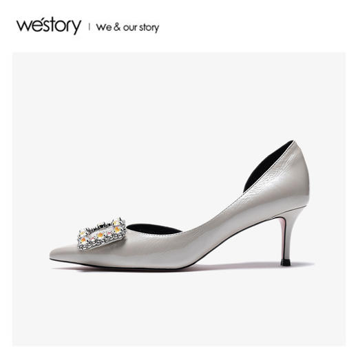 westory2020春季新款尖头水钻方扣浅口细跟高跟鞋女W20AH51191 商品图1