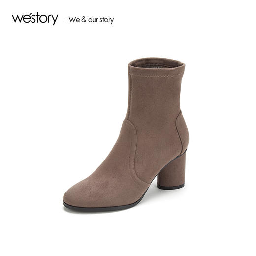 westory2019秋冬新品圆头显瘦粗高跟弹力袜靴女简约W29DS80071 商品图0