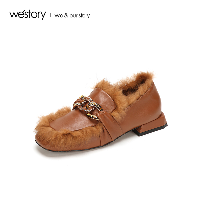 westory2018年冬季新款皮鞋内里加绒粗跟单鞋毛毛鞋女W284M80981