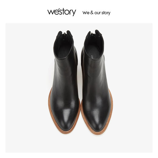 westory粗跟时装后拉链短靴女尖头真皮百搭 2019冬新款W29DS80361 商品图1