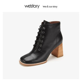 westory6孔马丁靴样式真皮高粗跟鞋女 2019年冬季新款W29DS80391