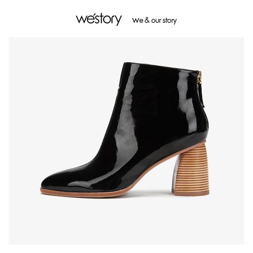 westory漆皮时装真皮短靴女粗高跟尖头 2019年冬季新款W29DS80461 商品图2
