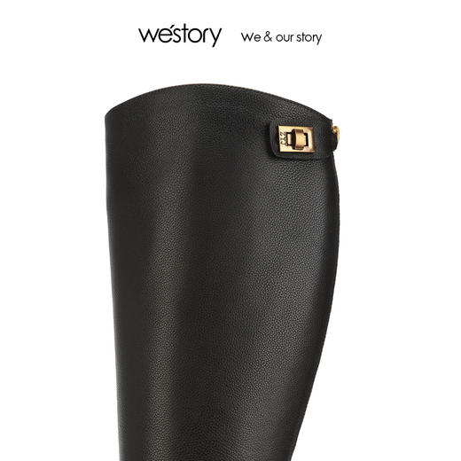 westory骑士高靴粗跟后拉链牛皮面真皮女鞋2019年冬新W29DQ80621 商品图1