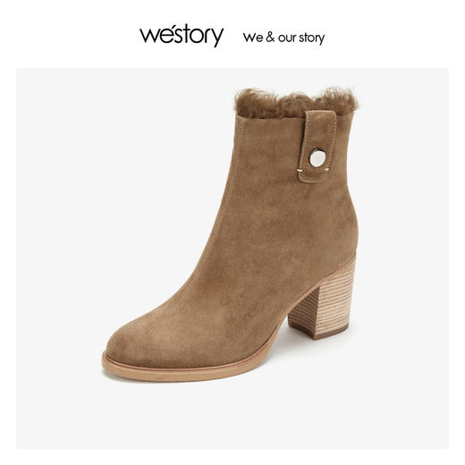 westory加绒保暖时装短靴 羊皮绒里木纹粗跟2019冬新品W29DS80321 商品图3