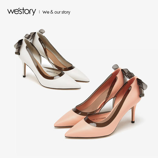 westory2019新款尖头高跟鞋女细跟纯色透明拼接单鞋W29AH50371 商品图3