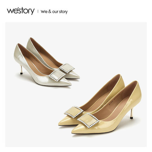 westory2020春季新品水钻中式尖头方扣高跟鞋女细跟W20AE51441 商品图4