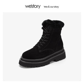 westory加绒保暖真皮粗跟户外工装靴2019冬新款雪地靴W29DS80591