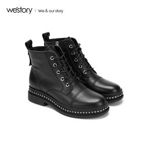 westory马丁靴2019年新款女鞋黑色牛皮革平底短靴S29DS80801