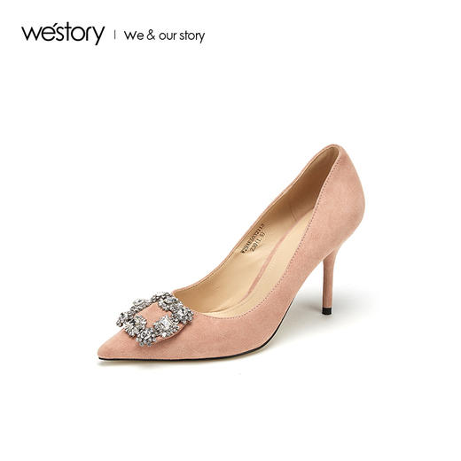 westory2019春夏水晶方形扣尖头高跟鞋女简约时尚女鞋W29AE50321 商品图1