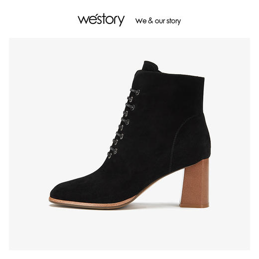 westory绑带时装真皮短靴女高粗跟鞋尖头 2019冬季新品W29DS80581 商品图2
