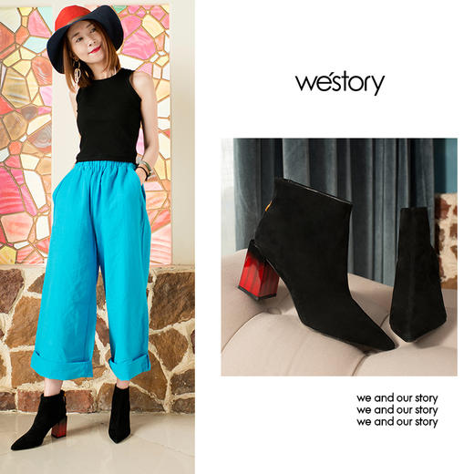 westory2018年冬季新款短靴粗跟绒面尖头靴子女W284S80901 商品图3