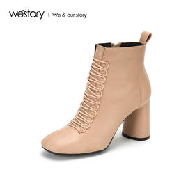 westory2018年新款皮面冬靴粗跟短靴圆头舒适女鞋W284S80771