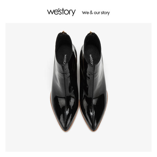 westory漆皮时装真皮短靴女粗高跟尖头 2019年冬季新款W29DS80461 商品图1