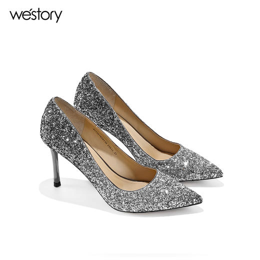 westory2019新款尖头亮片高跟鞋女细跟水钻西式婚鞋W29AE70208 商品图3