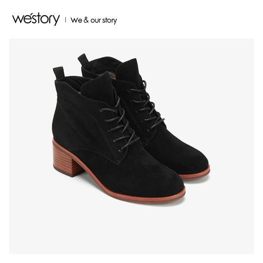 westory羊皮加绒里保暖粗高跟时装短靴2019年冬季新品S29DS80721 商品图3
