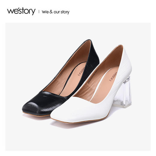 westory2020春季新款方头浅口编织纹牛皮方跟鞋女W20AE51131 商品图3