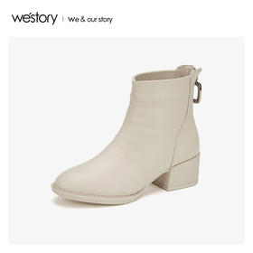 westory粗跟后拉链短筒靴子女真皮圆头款2019年冬新品S29DS80791