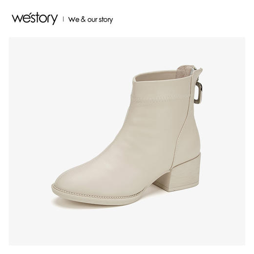 westory粗跟后拉链短筒靴子女真皮圆头款2019年冬新品S29DS80791 商品图0