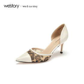 westory2019夏季新款豹纹拼接空鞋女细高跟社交单鞋W29BH60421