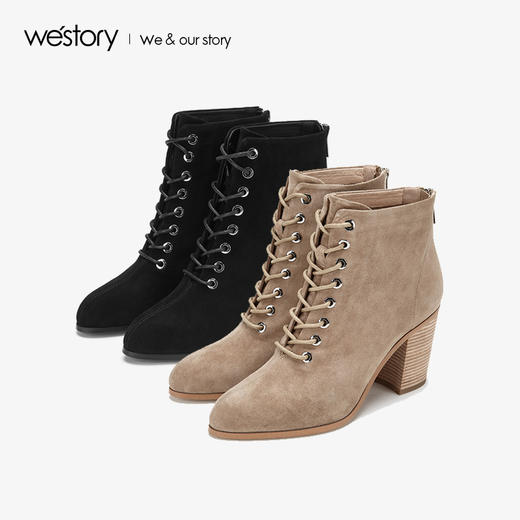 westory2019秋季新品系带尖头粗跟磨砂时尚马丁短靴女W29DS80091 商品图3
