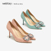 westory2019春夏水晶方形扣尖头高跟鞋女简约时尚女鞋W29AE50321 商品缩略图0