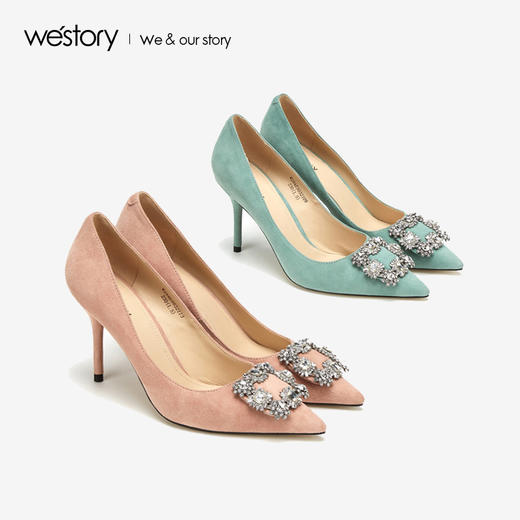 westory2019春夏水晶方形扣尖头高跟鞋女简约时尚女鞋W29AE50321 商品图0