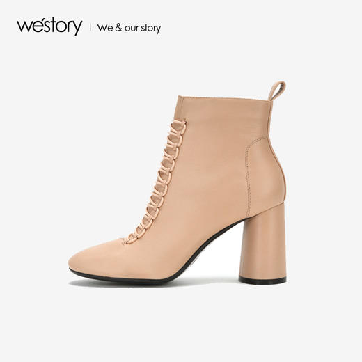westory2018年新款皮面冬靴粗跟短靴圆头舒适女鞋W284S80771 商品图1
