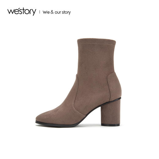 westory2019秋冬新品圆头显瘦粗高跟弹力袜靴女简约W29DS80071 商品图2