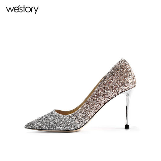 westory2019新款尖头亮片高跟鞋女细跟水钻西式婚鞋W29AE70208 商品图1
